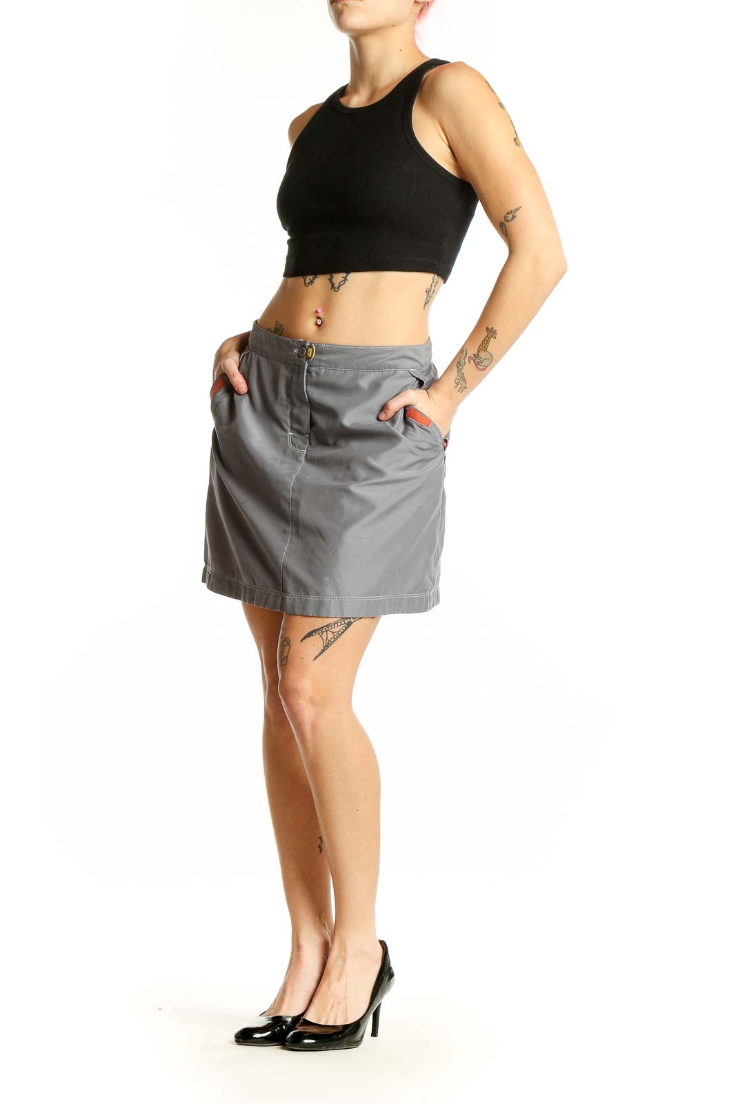 Front view of Aventura gray polyester mini skirt with button closure