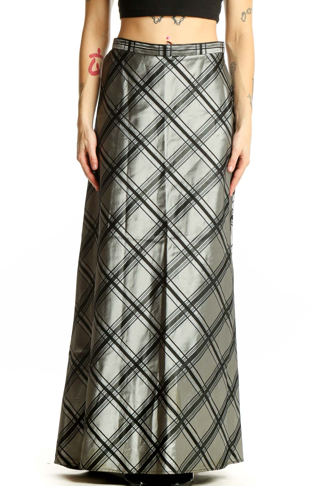Front view of Michelangelo silver metallic plaid maxi skirt