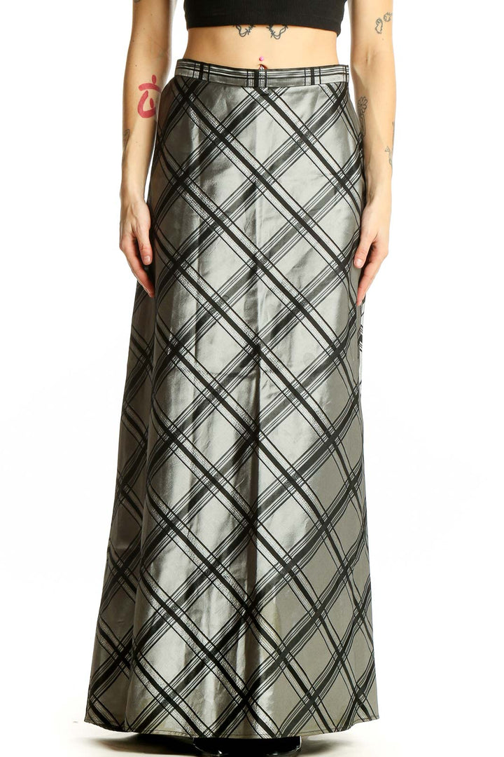 Front view of Michelangelo silver metallic plaid maxi skirt