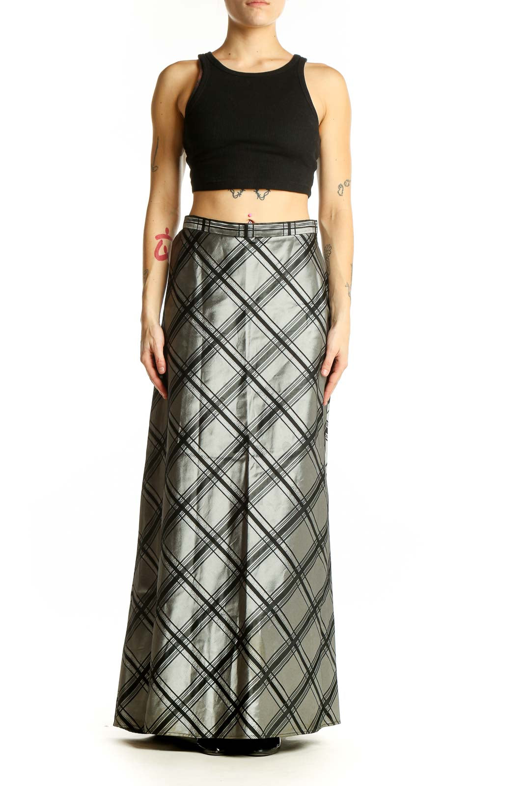 Front view of Michelangelo silver metallic plaid maxi skirt