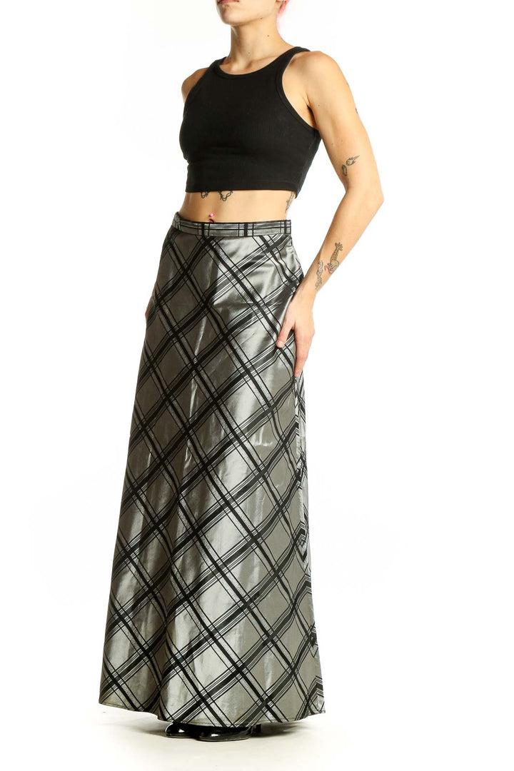 Front view of Michelangelo silver metallic plaid maxi skirt
