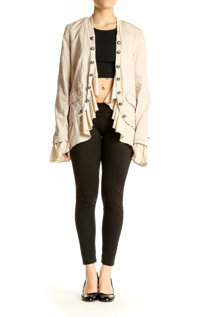 Front view of Free People beige ruffled military-style jacket with antique buttons