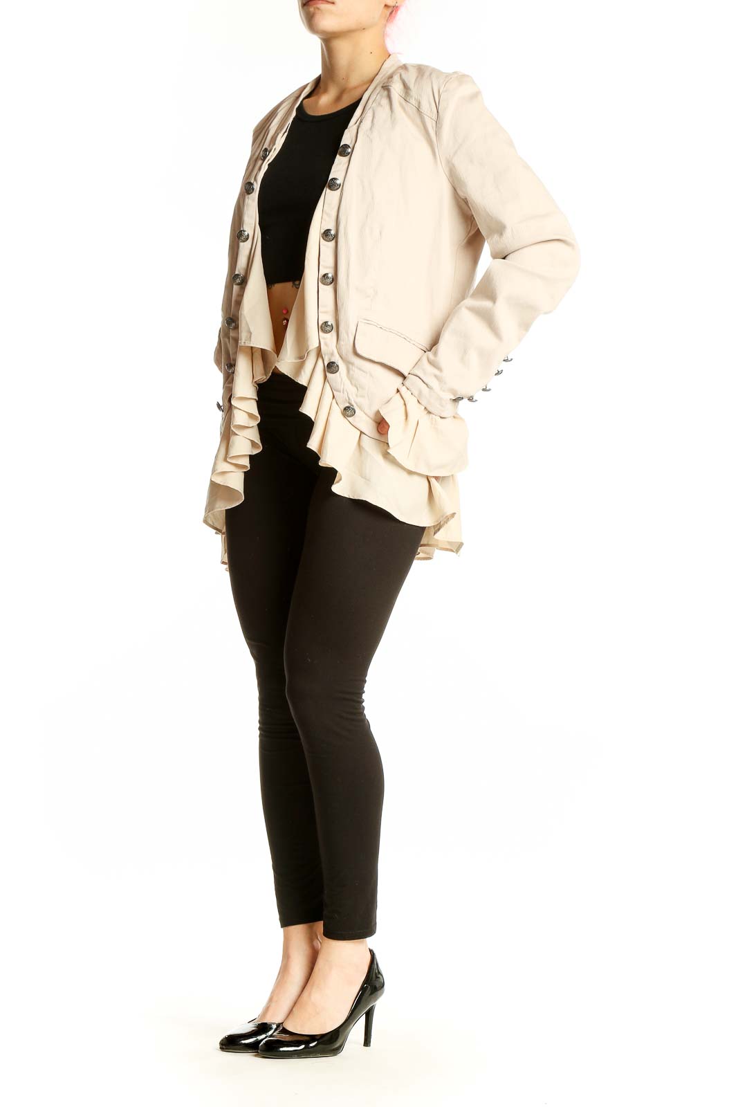 Front view of Free People beige ruffled military-style jacket with antique buttons
