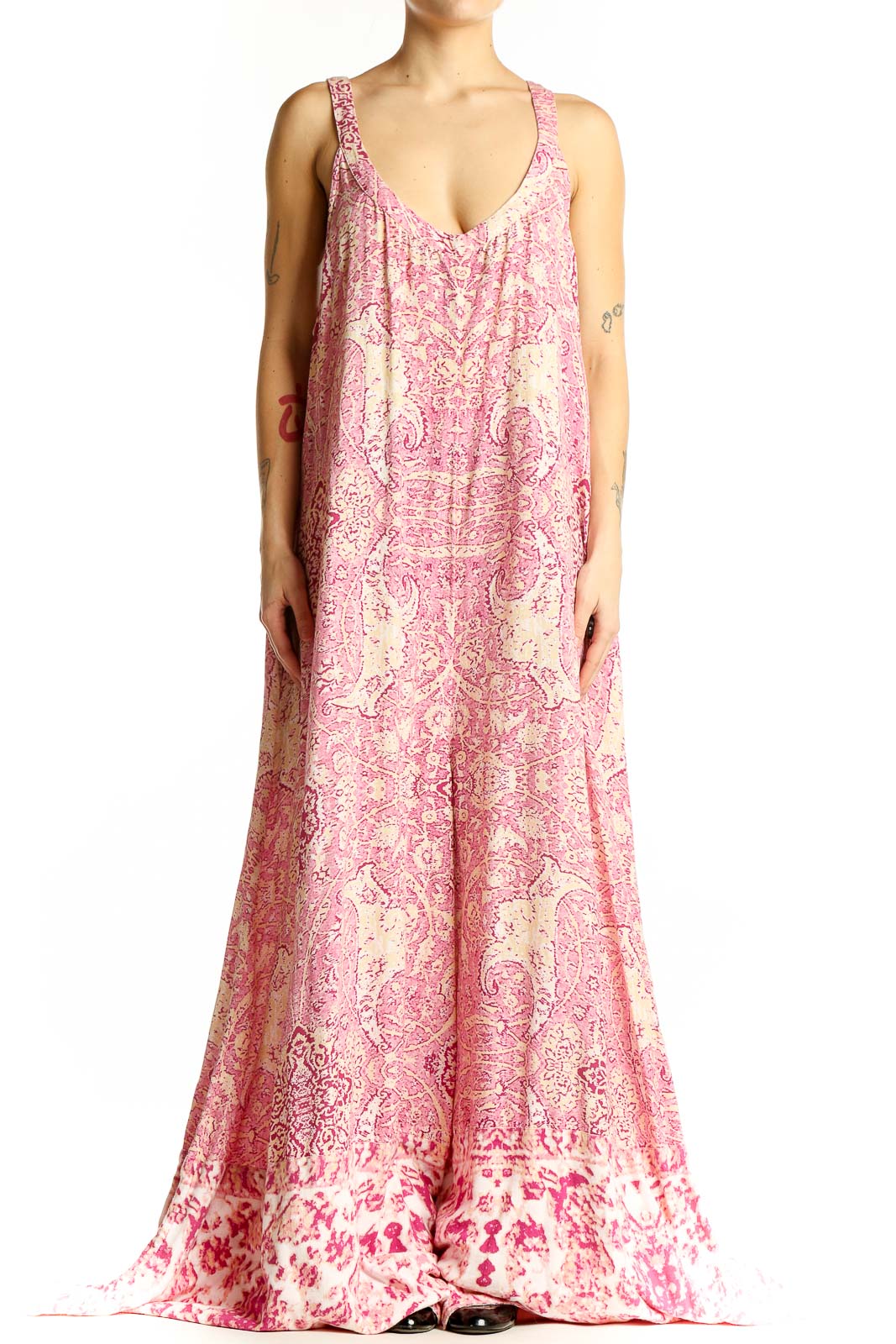 Front view of Free People pink floral paisley maxi jumpsuit with scoop neckline