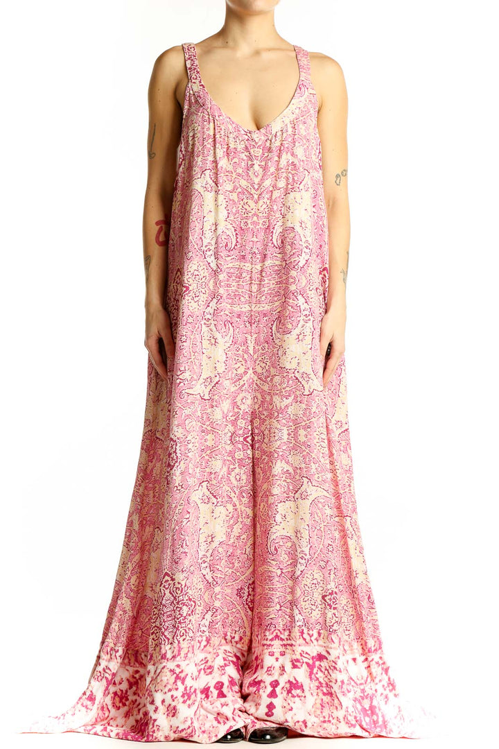 Front view of Free People pink floral paisley maxi jumpsuit with scoop neckline