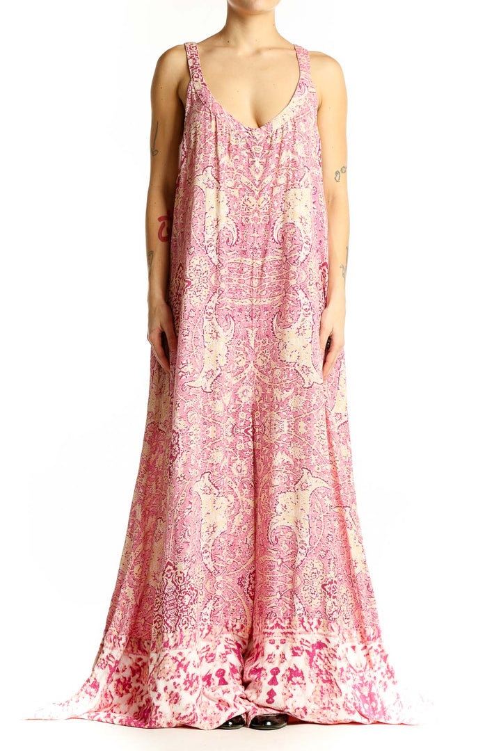 Front view of Free People pink floral paisley maxi jumpsuit with scoop neckline