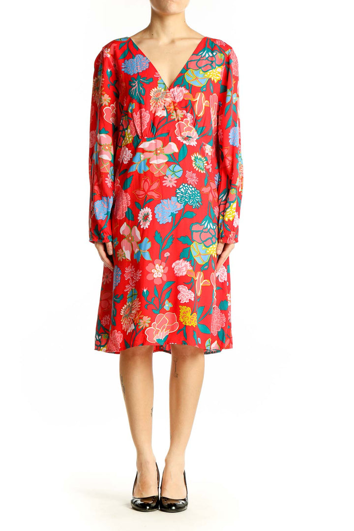 Front view of red floral V-neck viscose dress from J.Crew