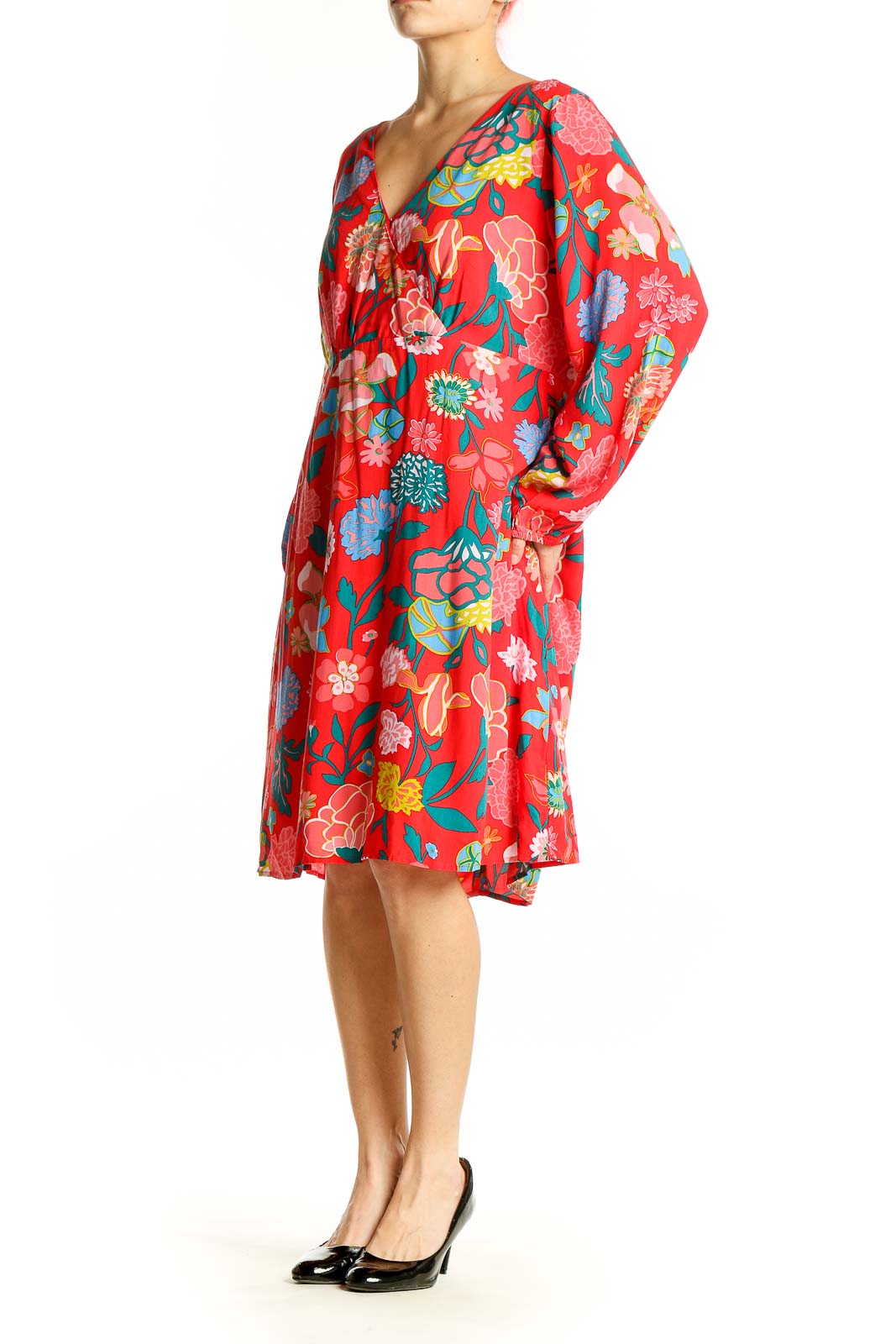 Front view of red floral V-neck viscose dress from J.Crew