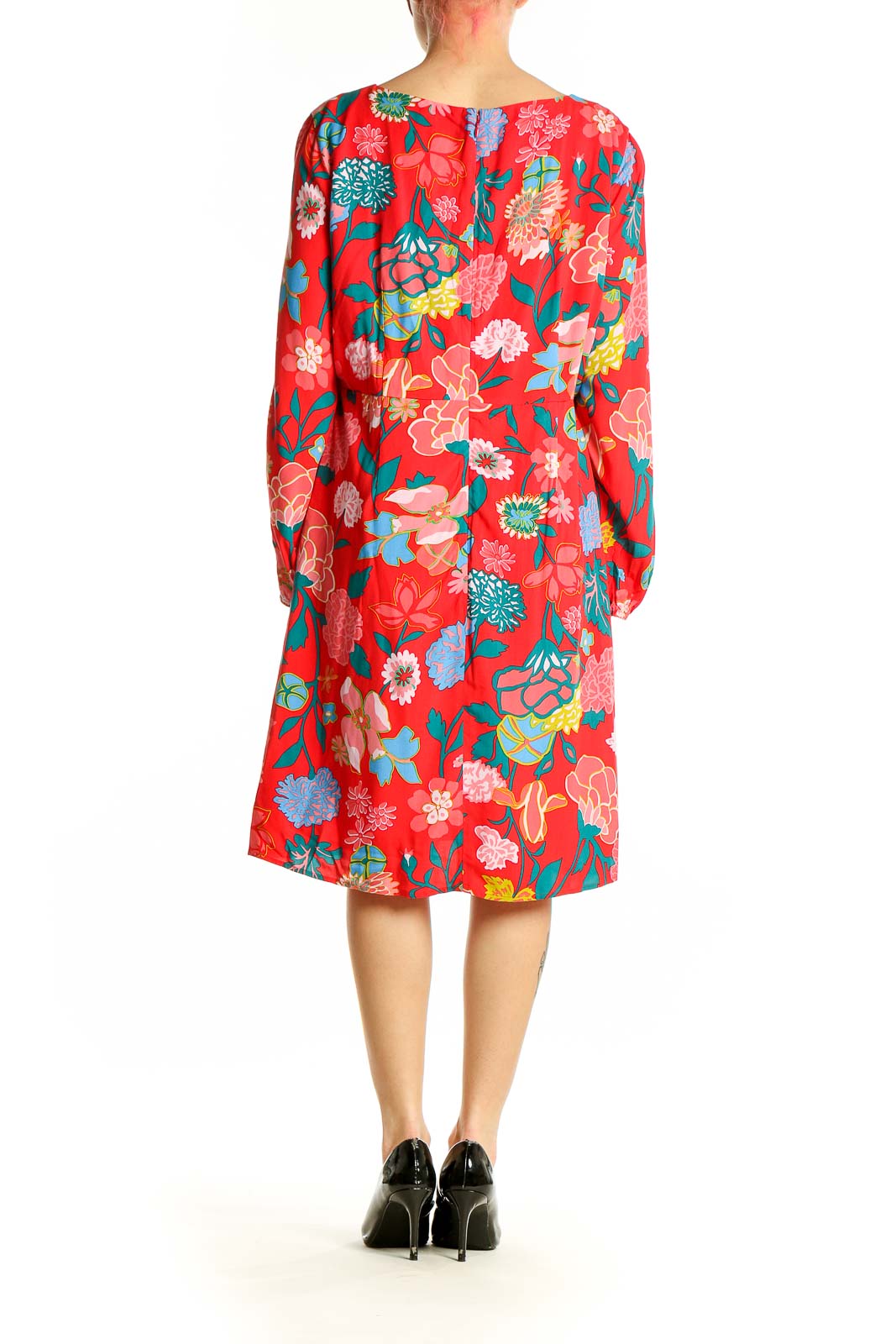 Back view of red floral V-neck viscose dress from J.Crew