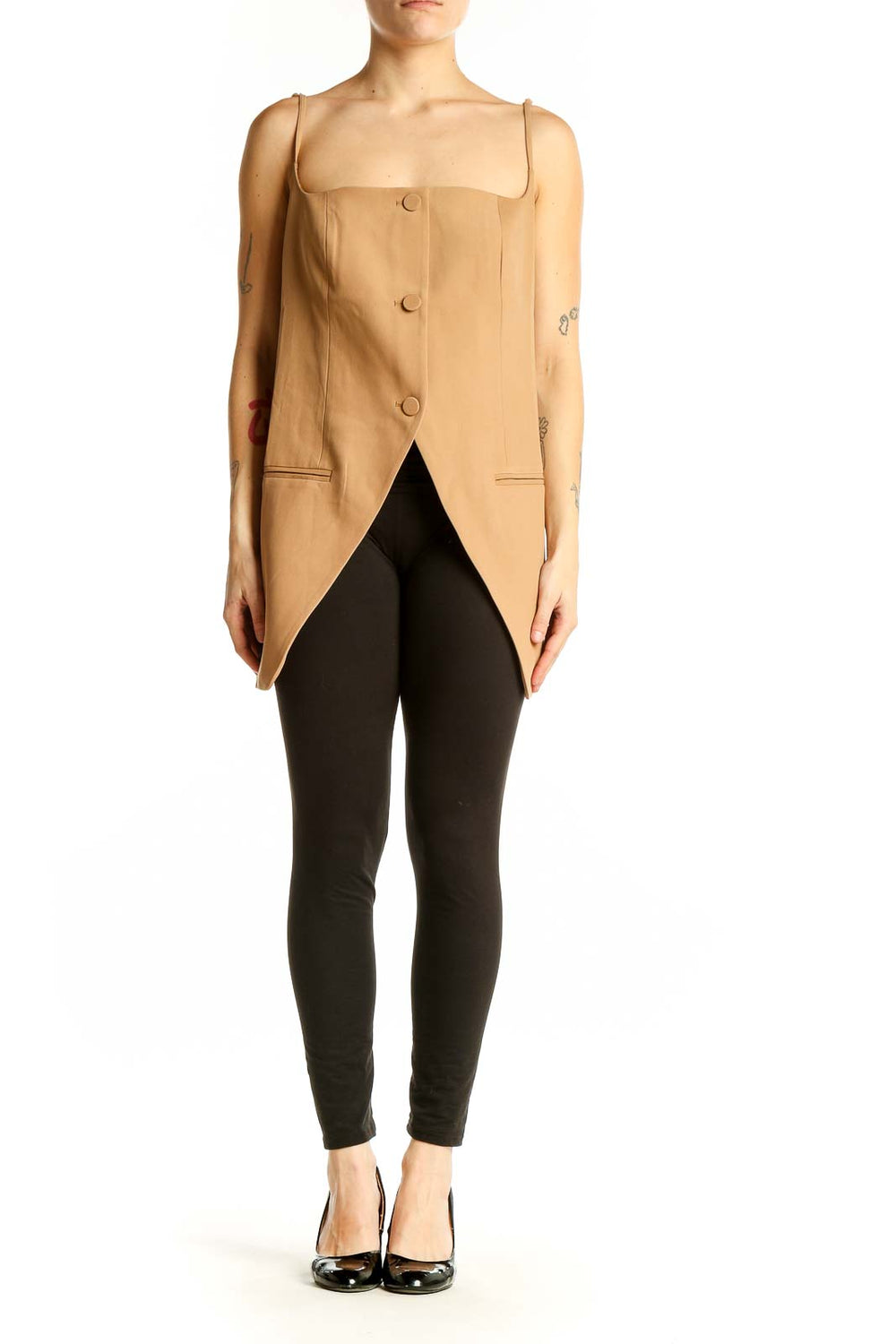 Front view of tan button-front sleeveless top with asymmetrical hemline