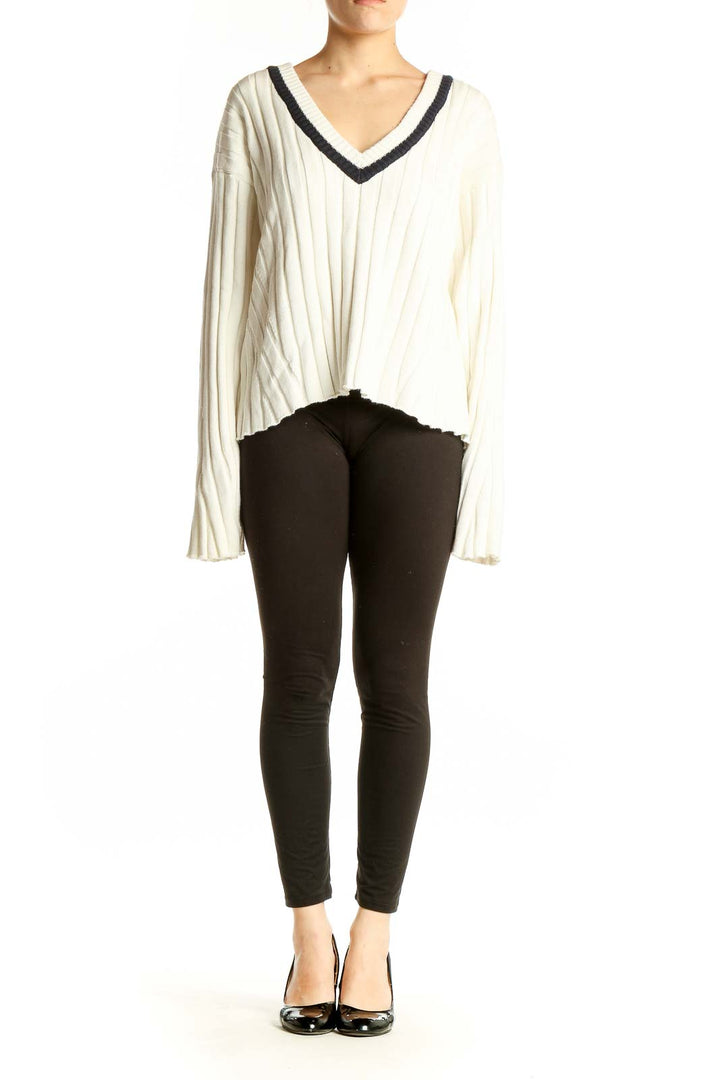 Front view of Faherty white ribbed V-neck cashmere blend sweater