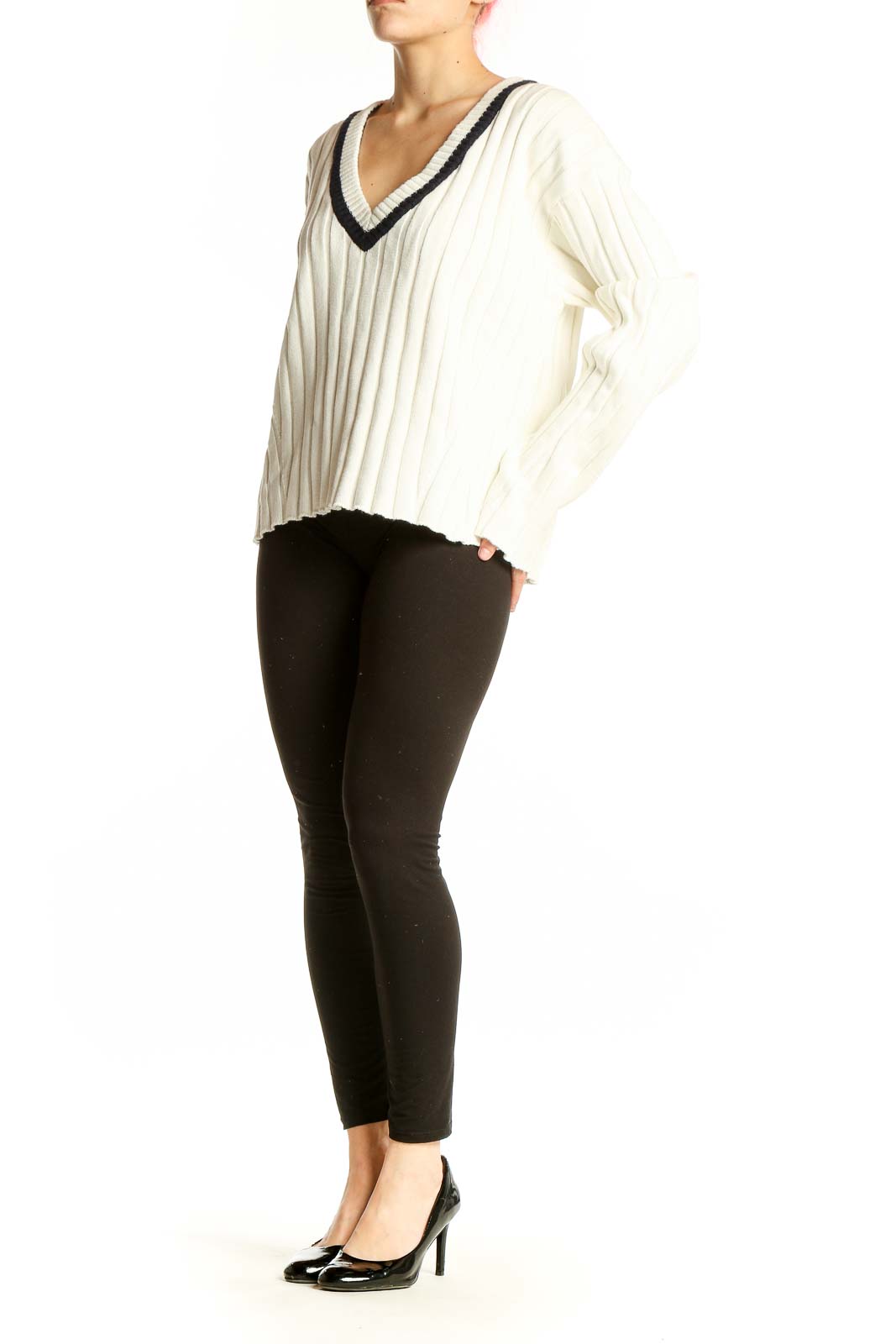 Front view of Faherty white ribbed V-neck cashmere blend sweater
