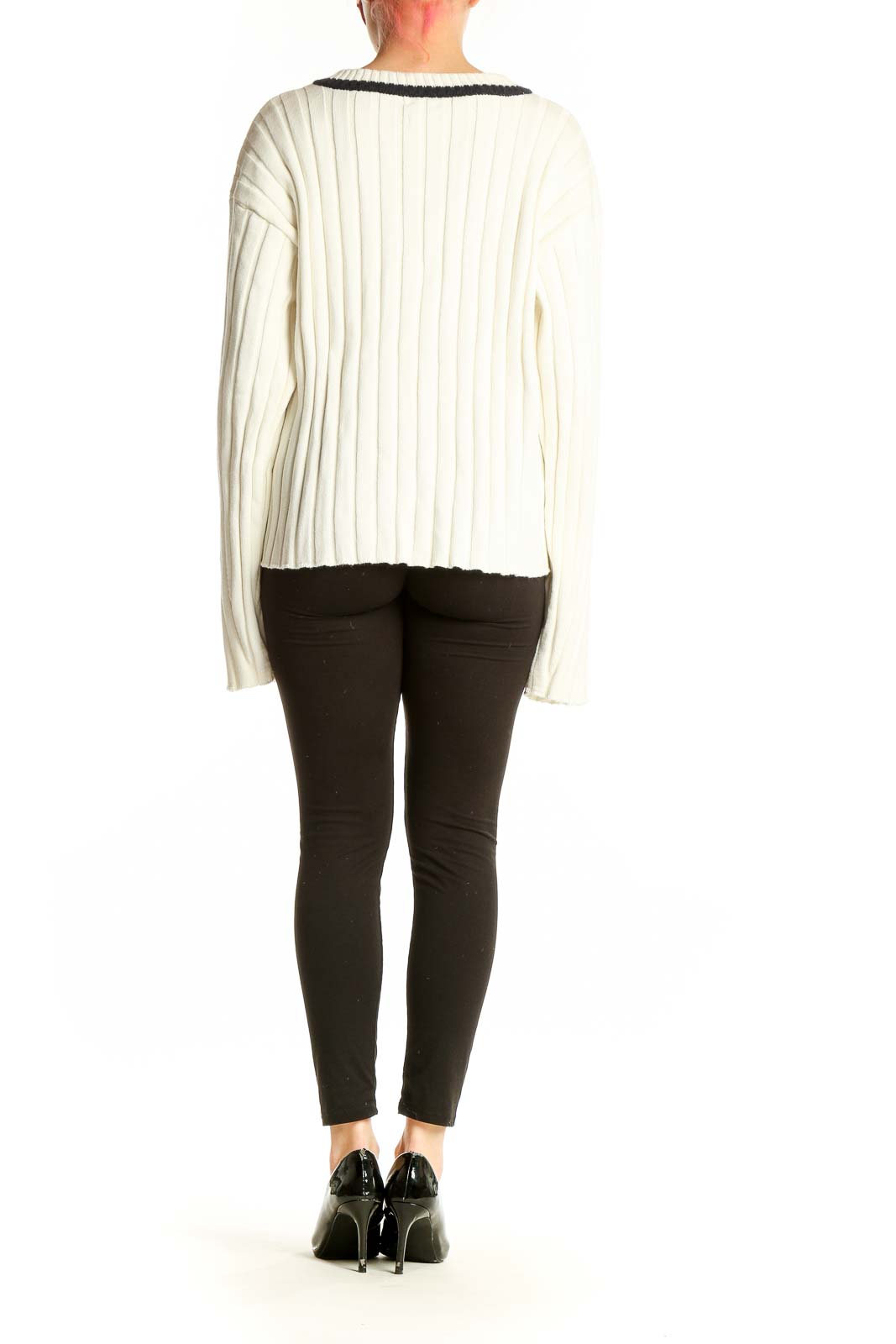 Back view of Faherty white ribbed V-neck cashmere blend sweater on model