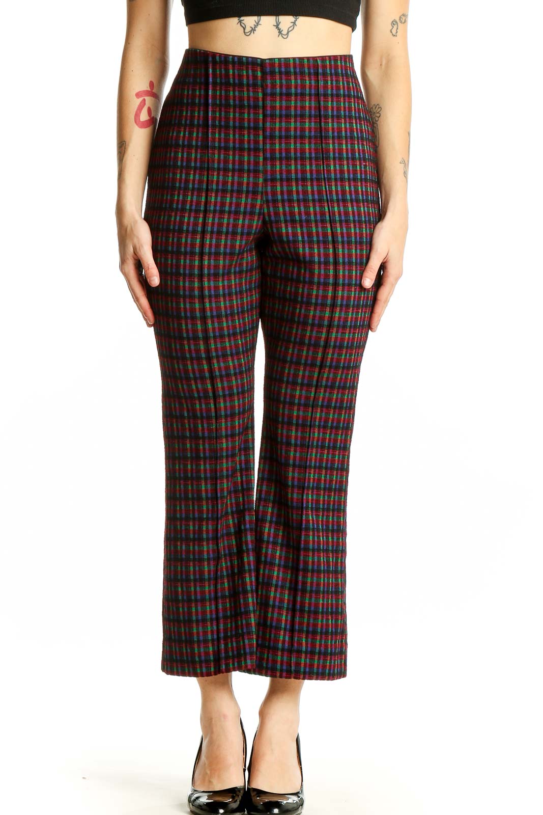 Front view of Eva Franco multicolor plaid cropped wide-leg pants