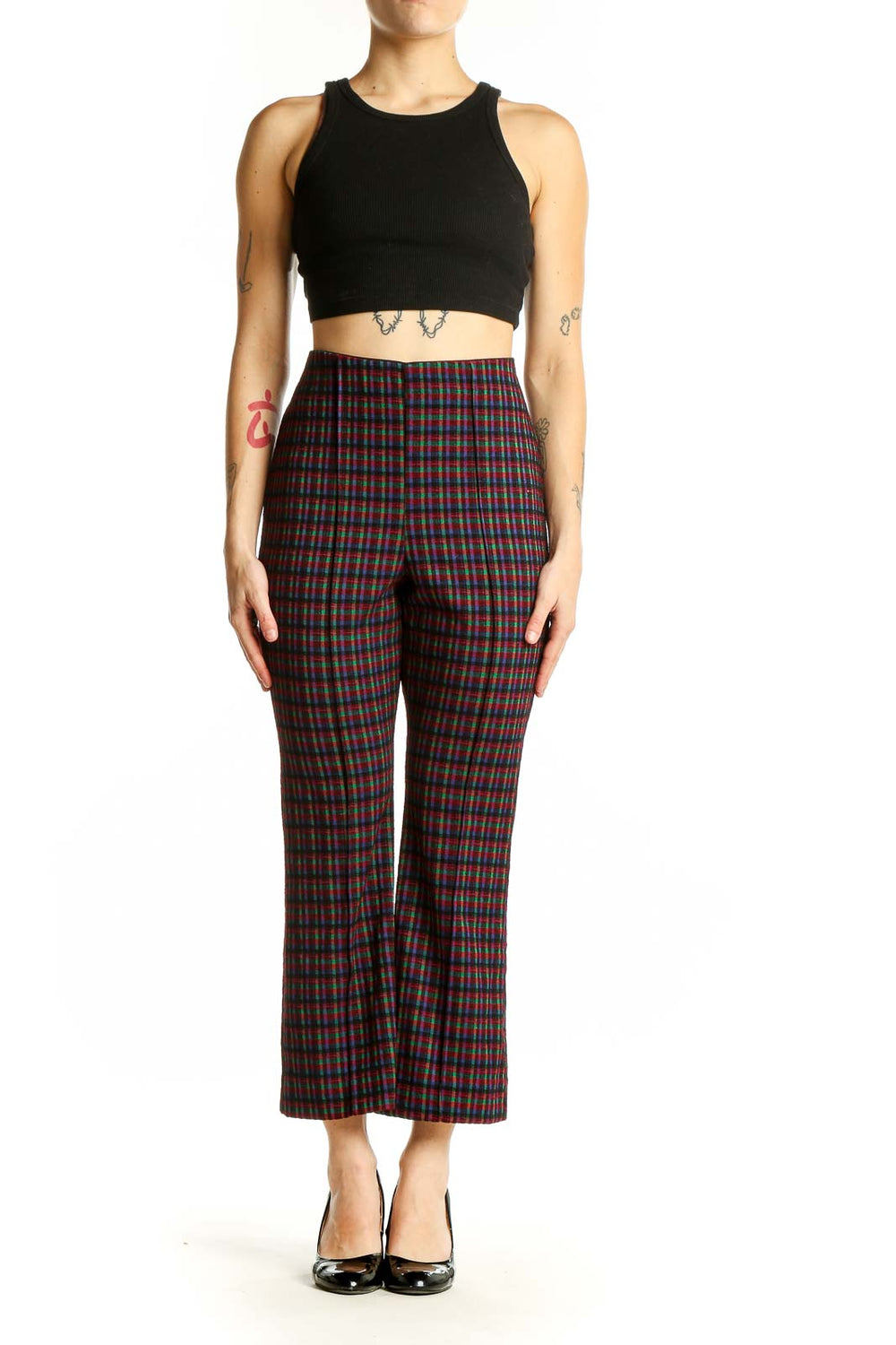 Front view of Eva Franco multicolor plaid cropped wide-leg pants