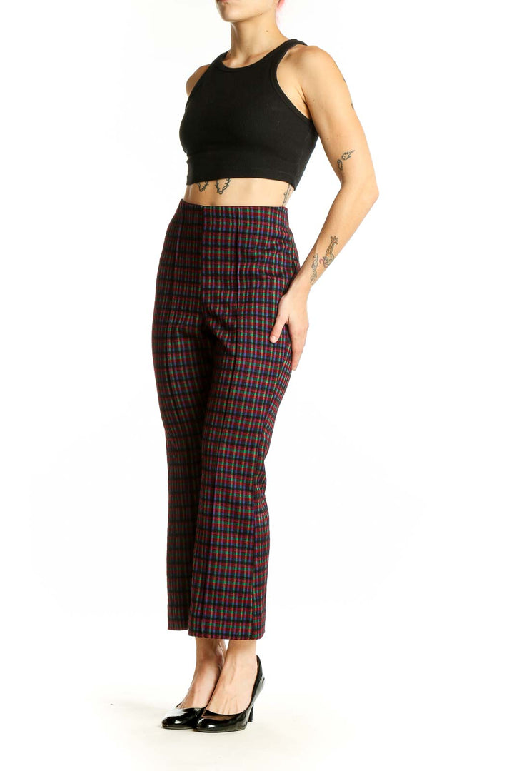 Front view of Eva Franco multicolor plaid cropped wide-leg pants