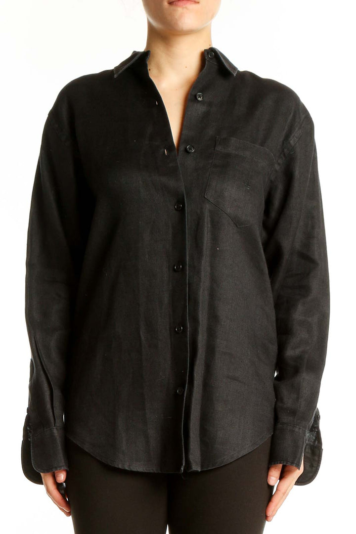 Front view of black linen button-down shirt by Lauren Ralph Lauren