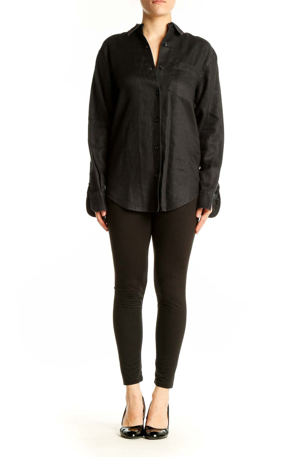 Front view of black linen button-down shirt by Lauren Ralph Lauren