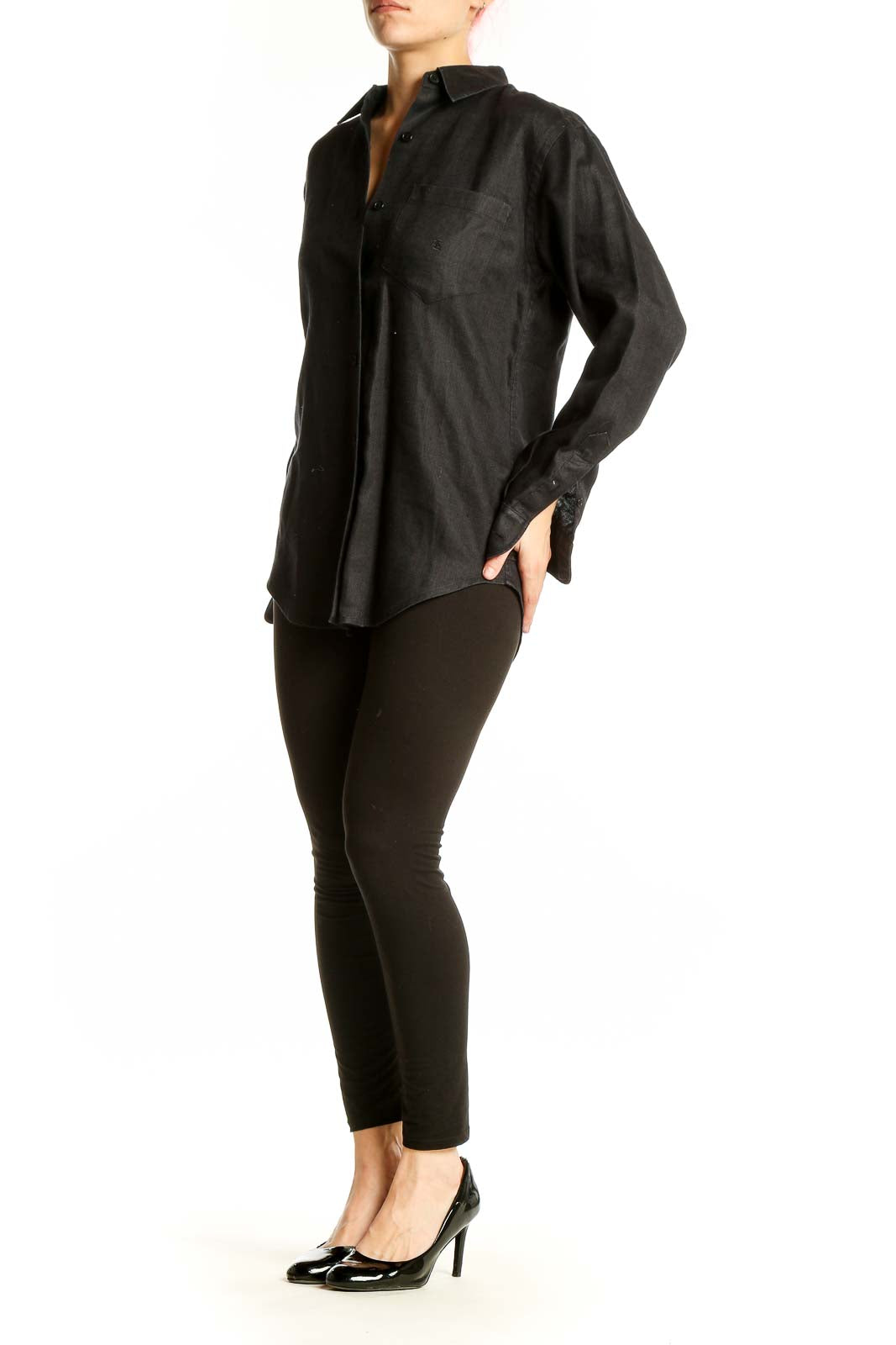 Front view of black linen button-down shirt by Lauren Ralph Lauren