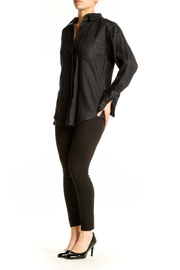 Front view of black linen button-down shirt by Lauren Ralph Lauren