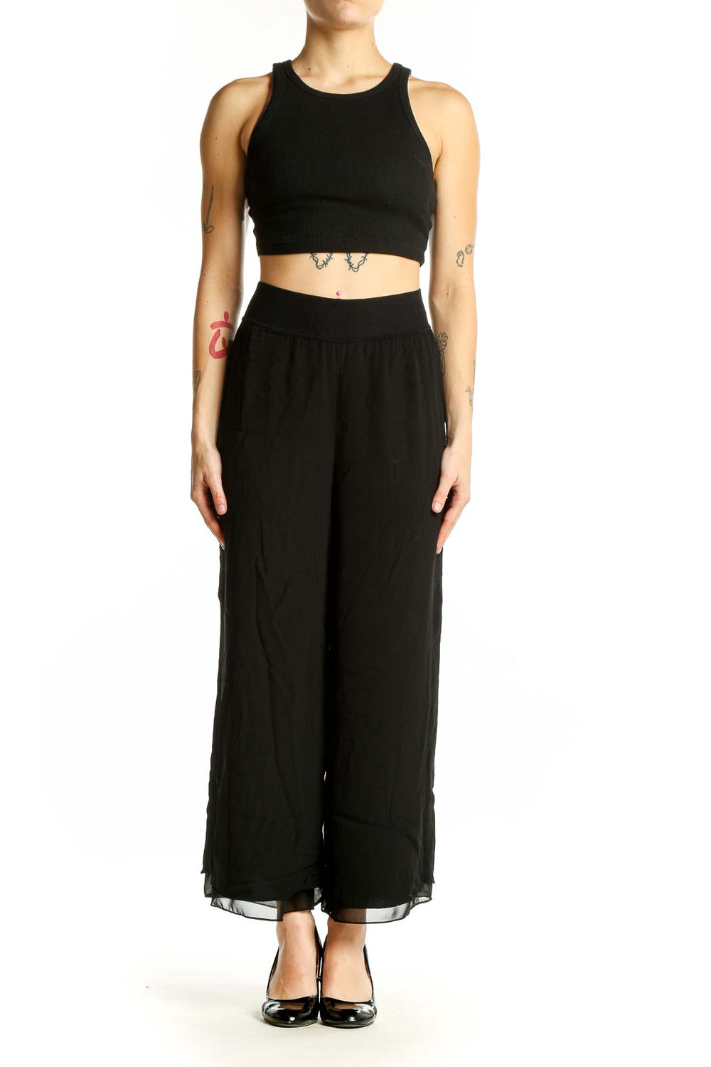 Front view of Theory black wide-leg flowy pants