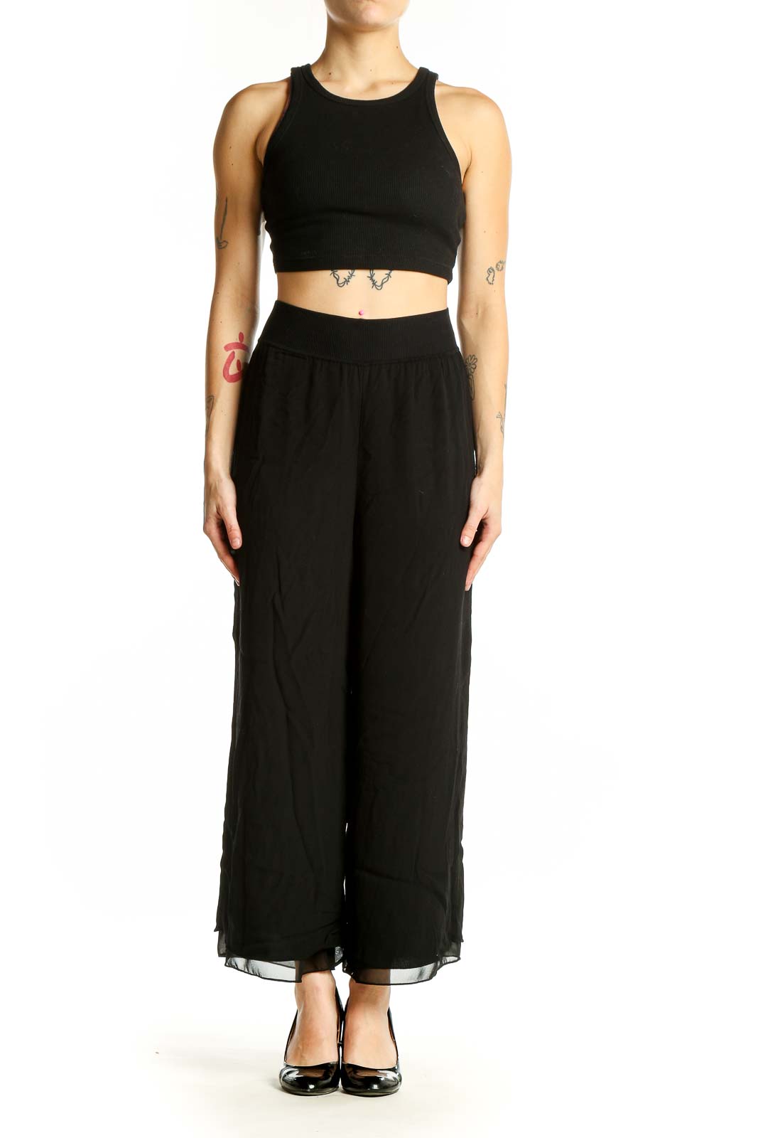 Front view of Theory black wide-leg flowy pants