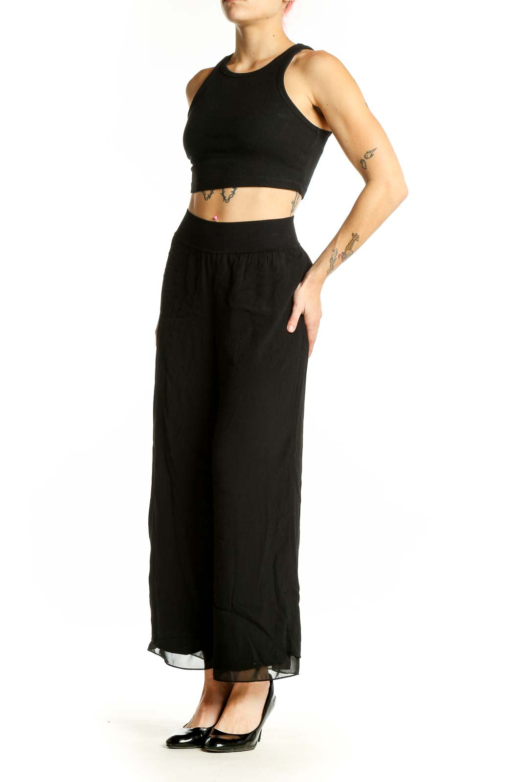 Front view of Theory black wide-leg flowy pants