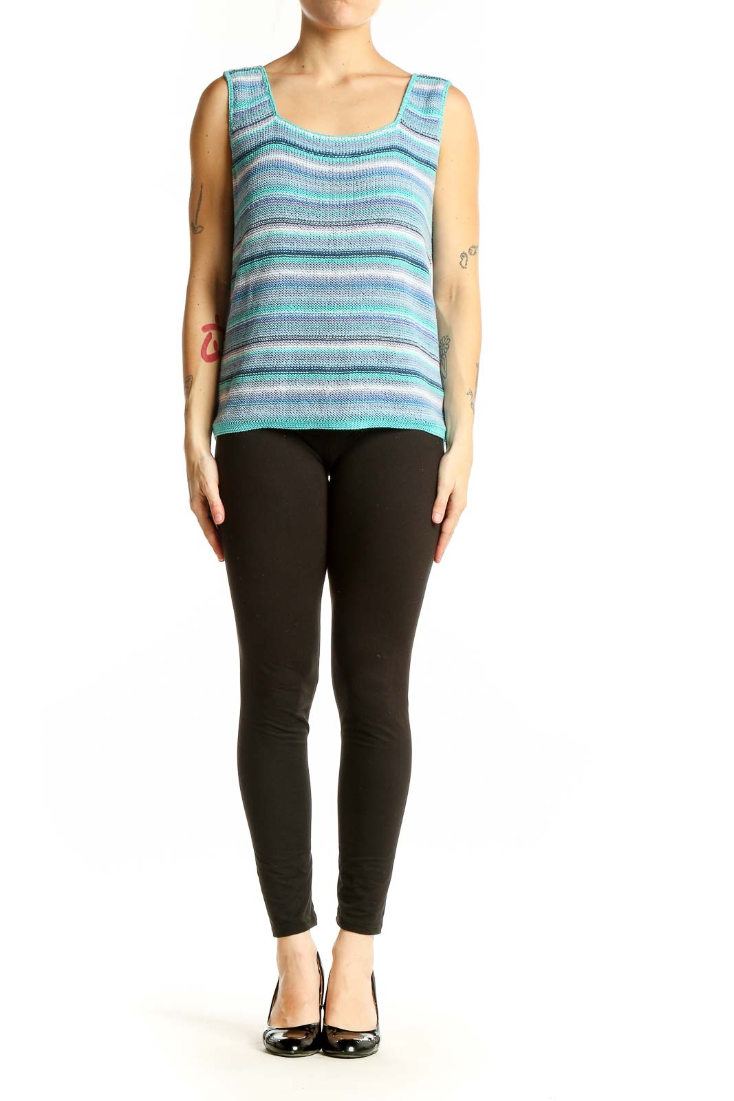 Front view of Sigrid Olsen blue striped knit sleeveless top