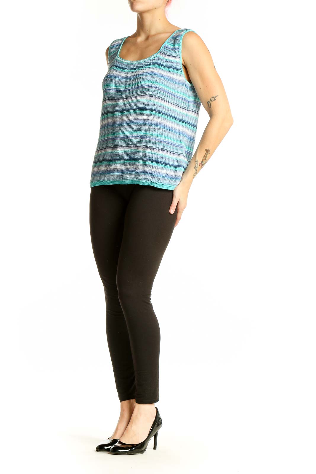 Front view of Sigrid Olsen blue striped knit sleeveless top