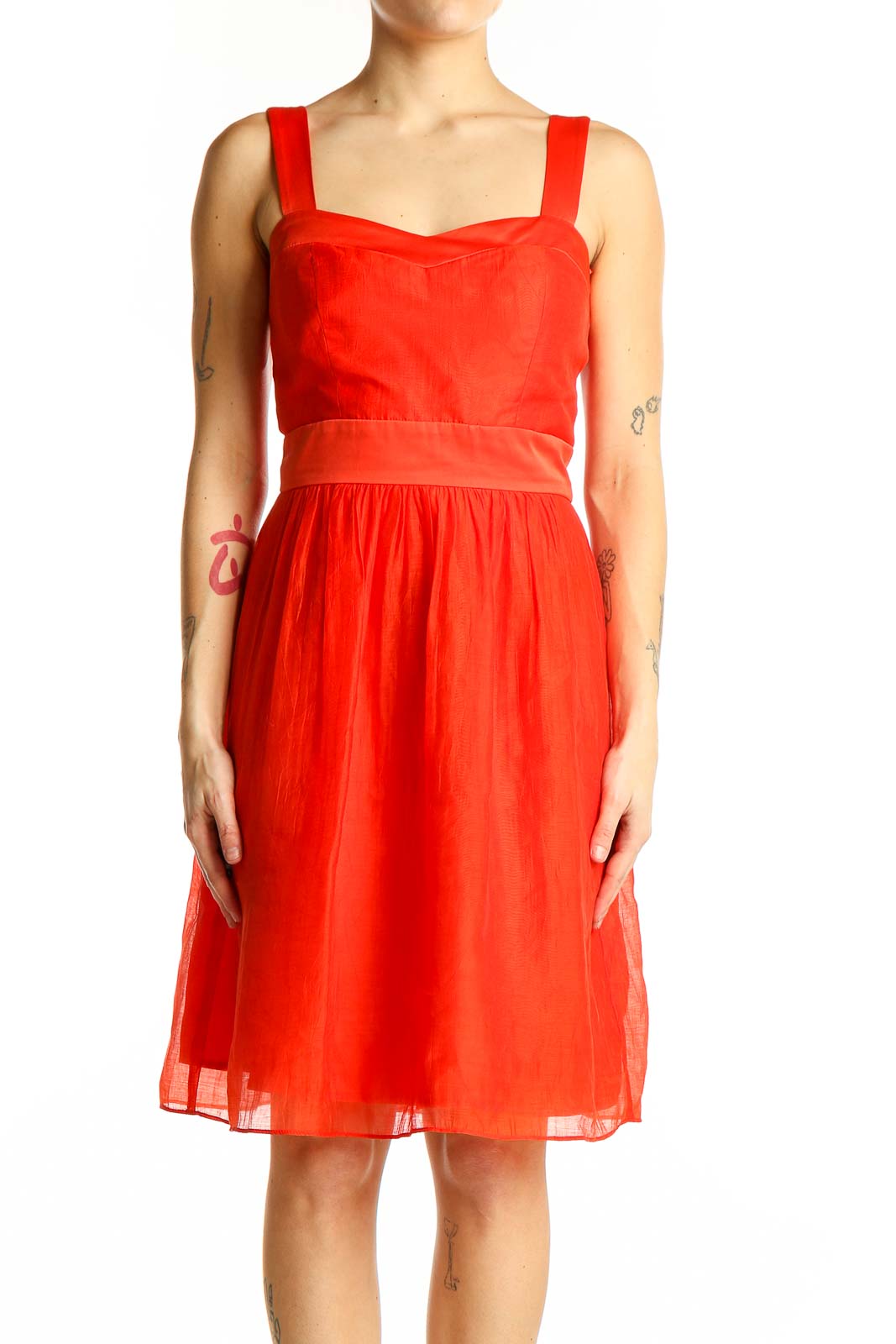 Front view of red Max and Cleo cocktail dress with sweetheart neckline