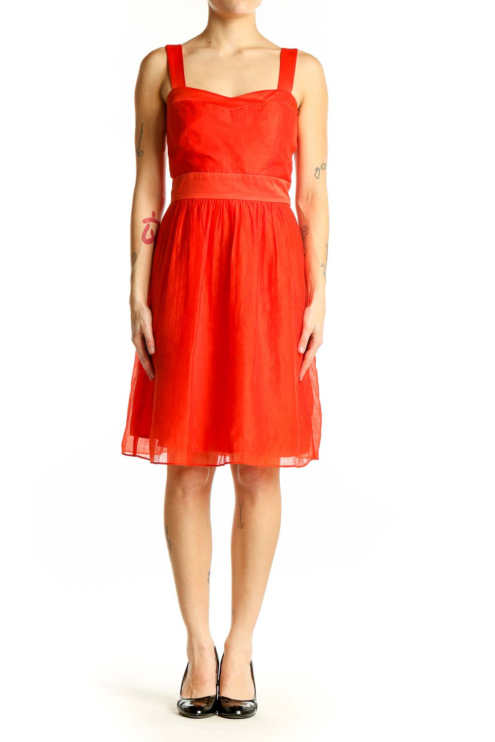 Front view of red Max and Cleo cocktail dress with sweetheart neckline