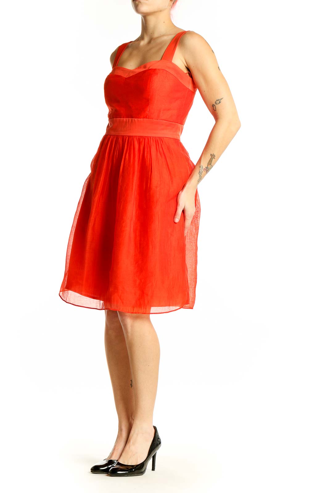 Front view of red Max and Cleo cocktail dress with sweetheart neckline