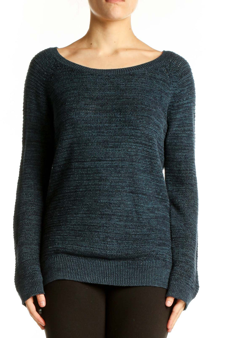 Front view of Ann Taylor LOFT navy textured cotton knit sweater with boat neckline