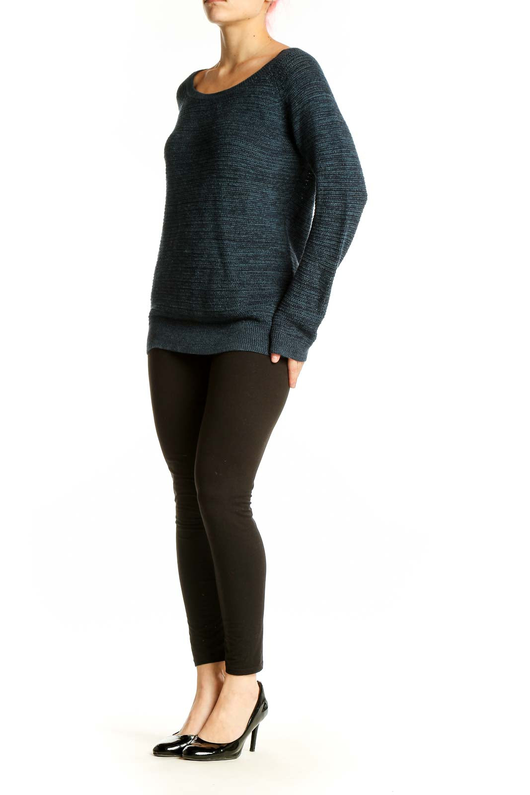 Front view of Ann Taylor LOFT navy textured cotton knit sweater with boat neckline