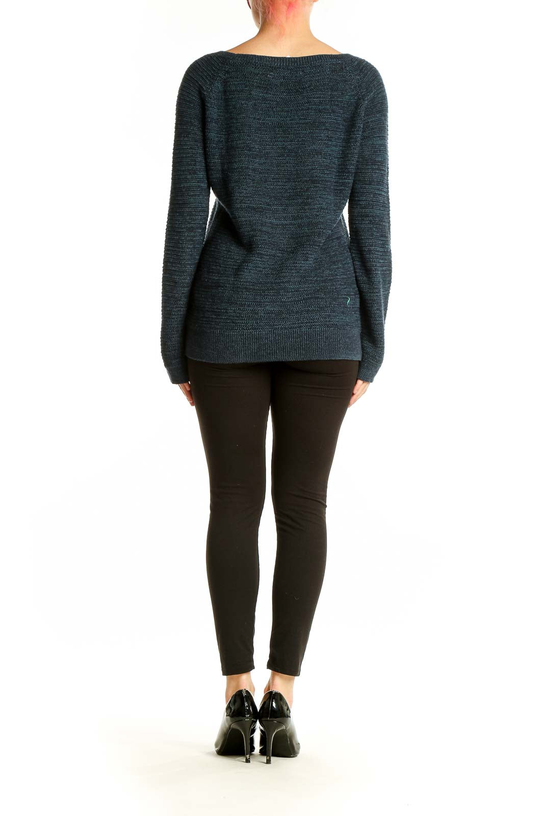 Back view of Ann Taylor LOFT navy textured cotton knit sweater on model