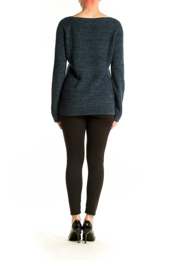 Back view of Ann Taylor LOFT navy textured cotton knit sweater on model