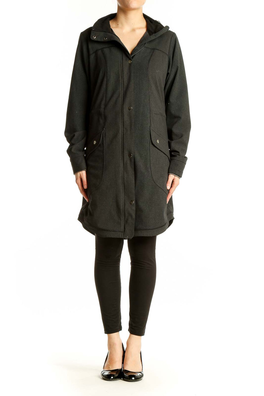 Front view of Exofficio dark green hooded parka with button closure