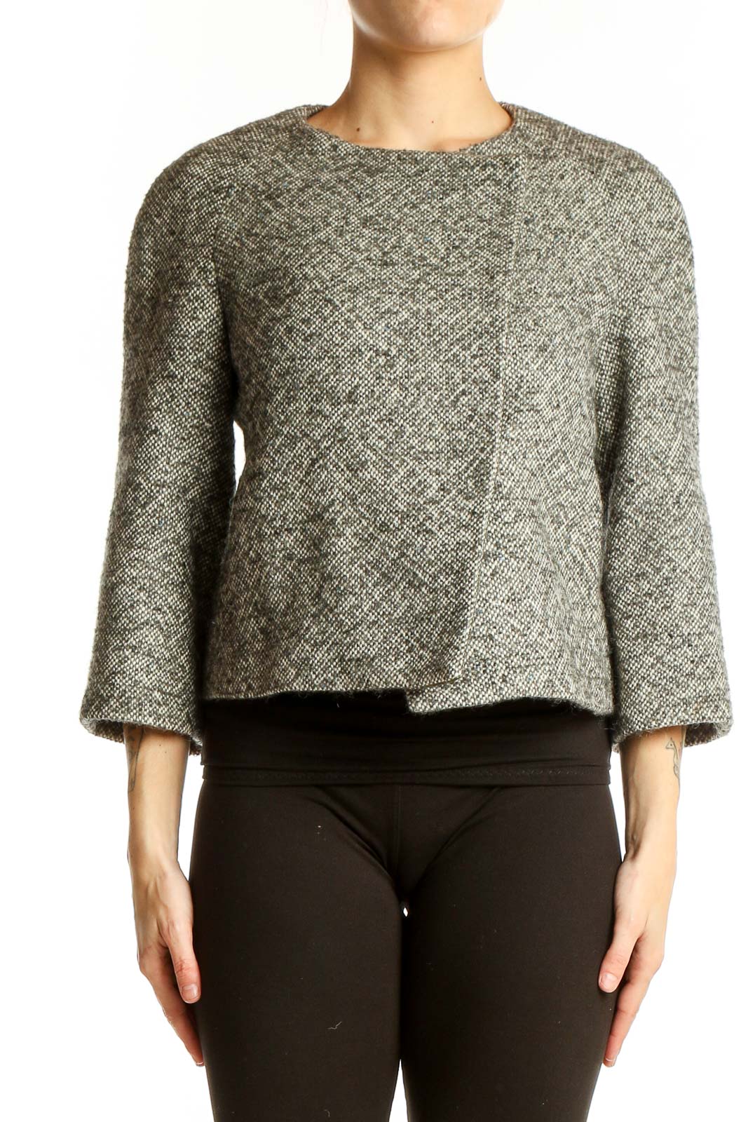 Front view of Banana Republic gray textured cropped jacket