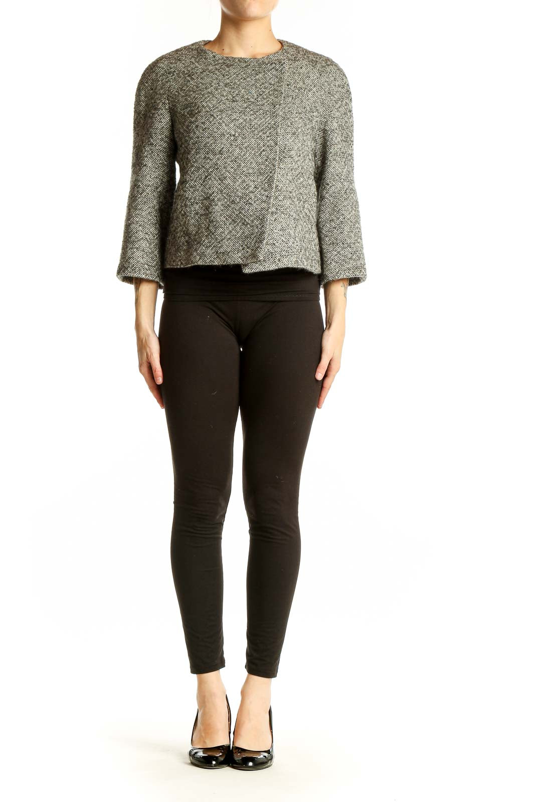 Front view of Banana Republic gray textured cropped jacket