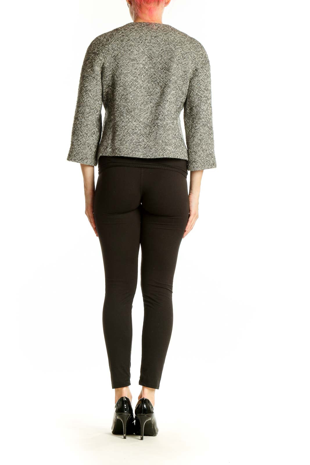 Side view of Banana Republic gray textured cropped jacket on model