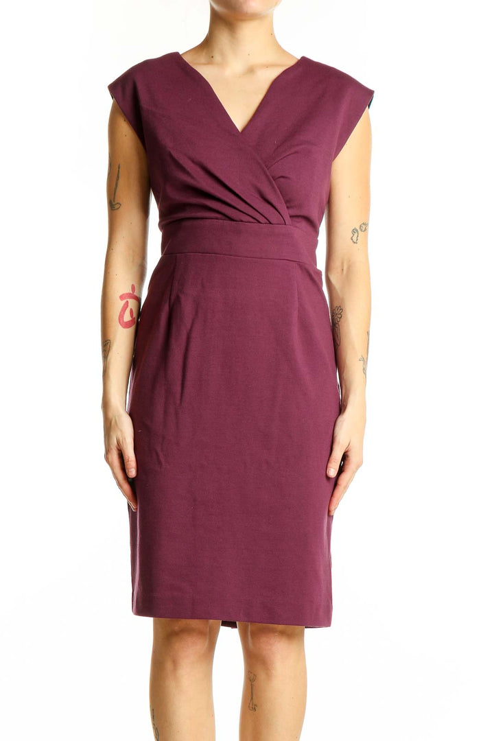 Front view of Banana Republic burgundy wrap-style sheath dress