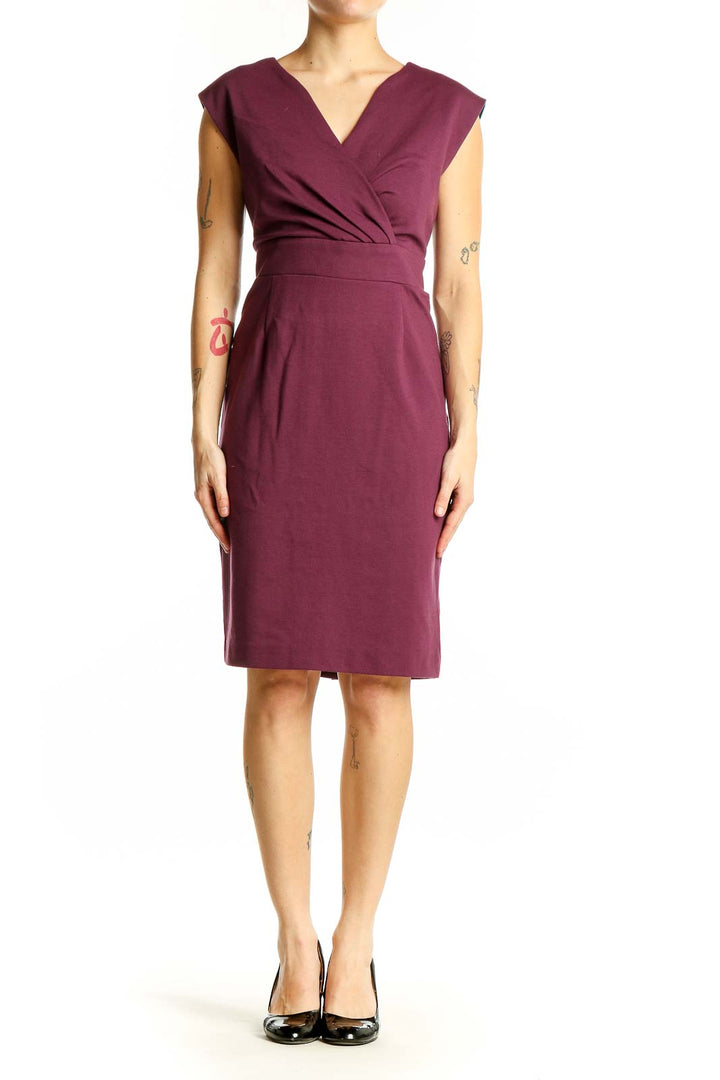 Front view of Banana Republic burgundy wrap-style sheath dress