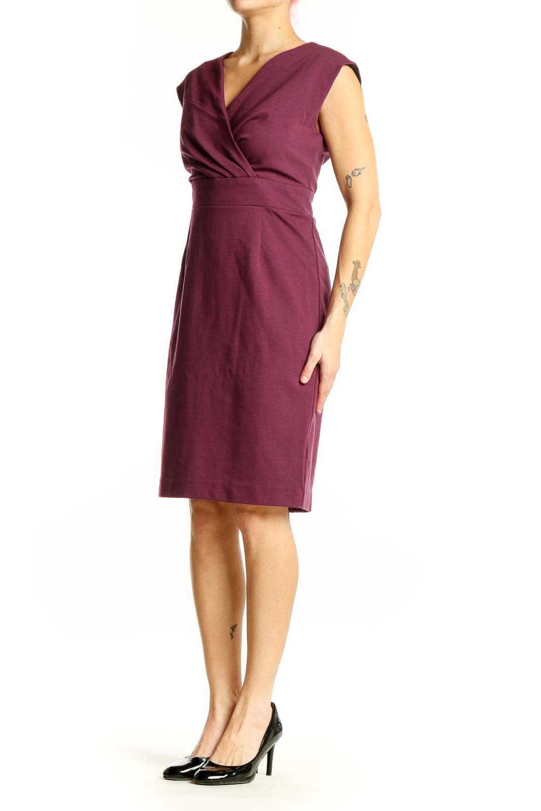 Front view of Banana Republic burgundy wrap-style sheath dress