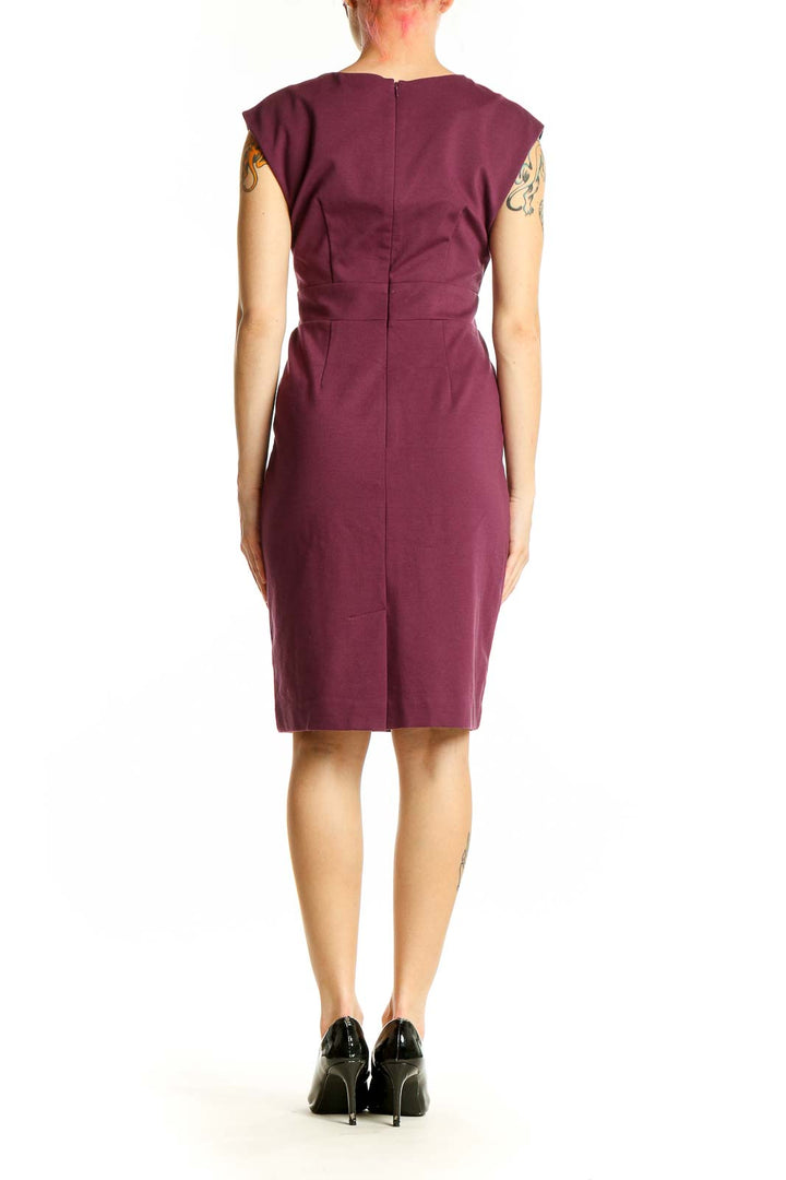 Side view of Banana Republic burgundy wrap-style sheath dress