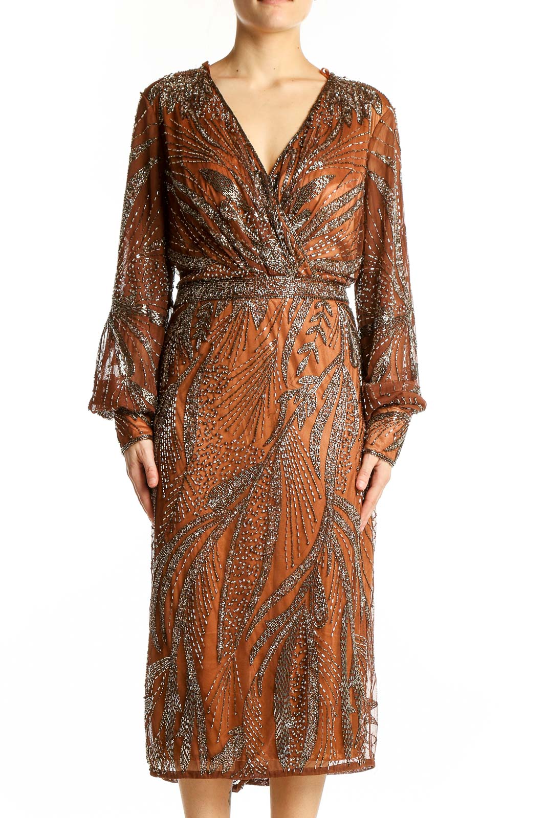 Front view of copper sequined wrap midi dress by Mac Duggal