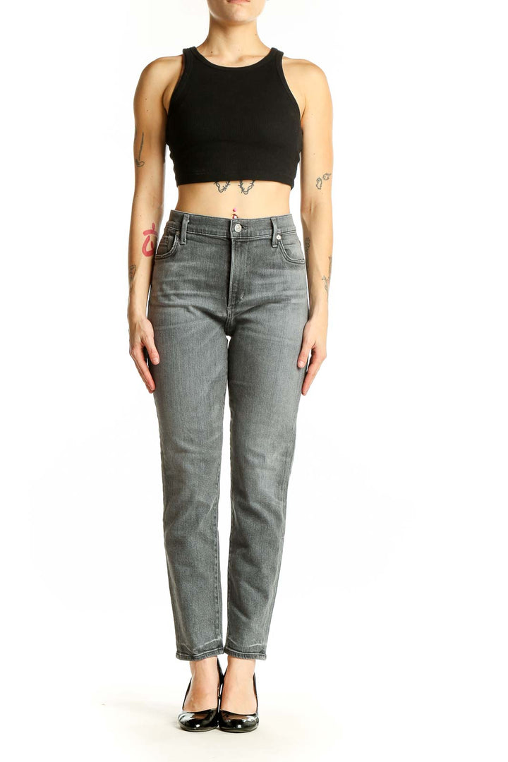 Front view of Citizens of Humanity gray straight leg jeans on model