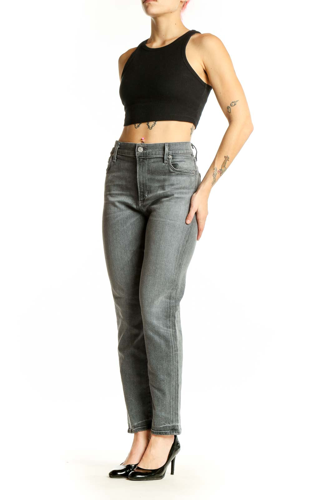 Front view of Citizens of Humanity gray straight leg jeans on model