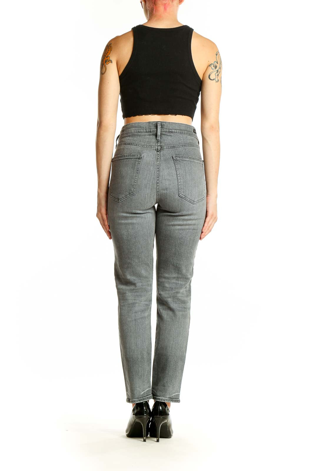 Back view of Citizens of Humanity gray straight leg jeans on model
