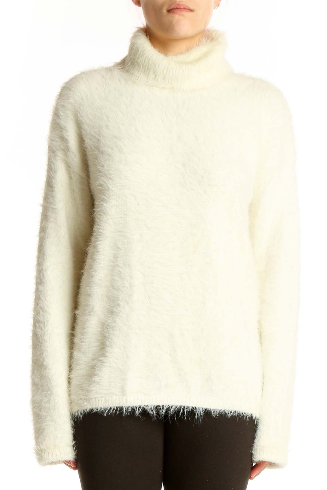 Front view of cream fuzzy turtleneck sweater by Sanctuary