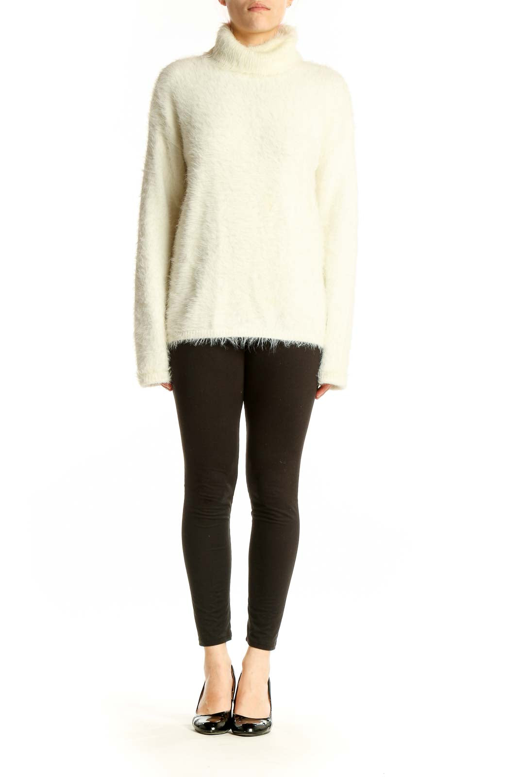 Front view of cream fuzzy turtleneck sweater by Sanctuary